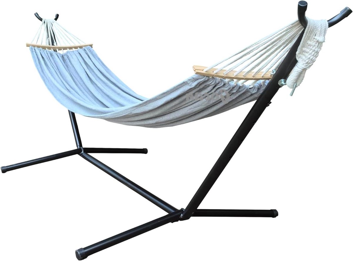 Dubbele Hangmat - Canvas Katoen - Ontspannen Buiten - Met Stalen Standaard - 220 x 160 cm - Grijs