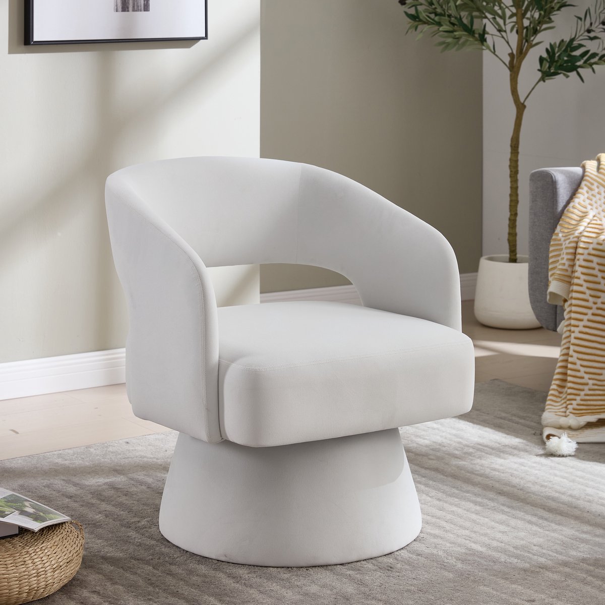 Wishdor Draaibare fauteuil - 360° draaibaar - Fluwelen zitting met armleuningen - Modern - Woonkamer, slaapkamer of kantoor - Wit - 66 x 68 x 75 cm