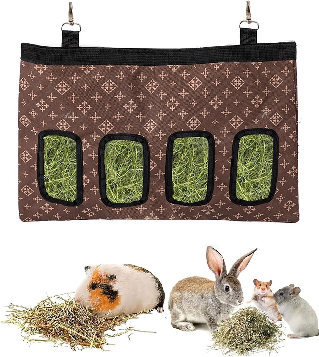 Hooizak voor konijnen en kleine dieren, hangende voederzak met 4 ramen, ideaal voor hooi en snacks