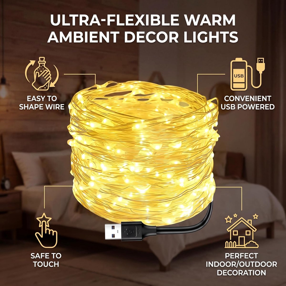 USB LED Lighting Cord, Copper Wire, Warm White, 5 Meters, Waterproof, Ideal for Weddings, Parties and Christmas - ShopVlot