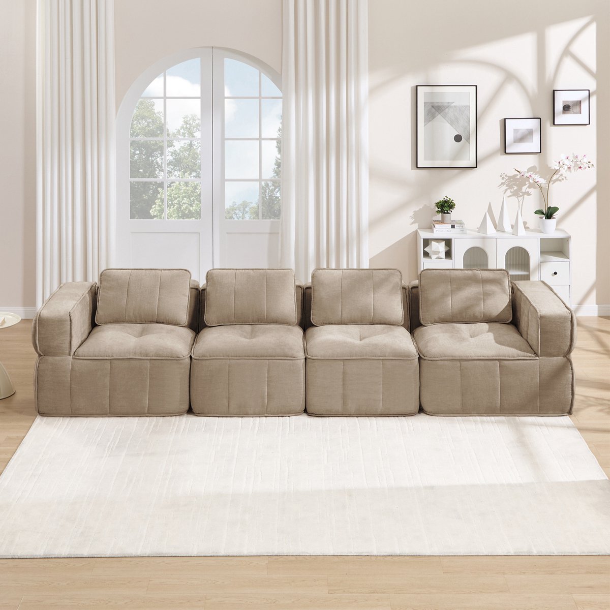 DESMIU Zitbank 4 Zits - Modulaire Bank Zonder Montage Met Brede Armleuningen En Zachte Polyester Stoffering - Voor Woonkamer - Sand