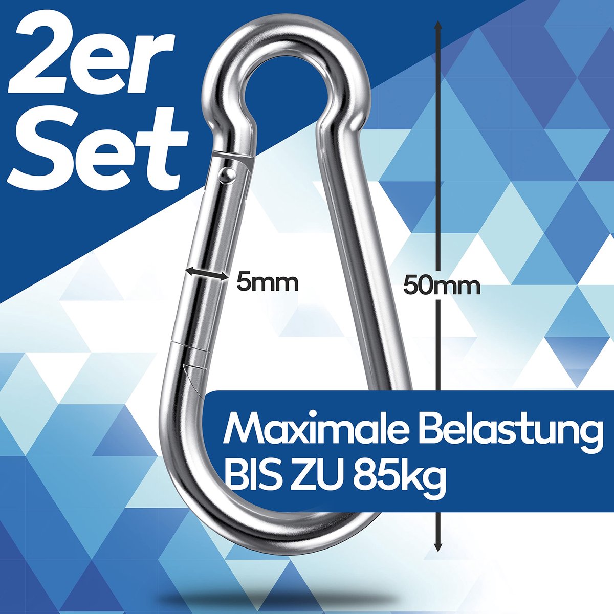GARSIDURO® Roestvrijstalen Karabijnhaak - 2-delig set 5x50 mm - Karabijnhaak volgens DIN 5299 roestvrij - ShopVlot