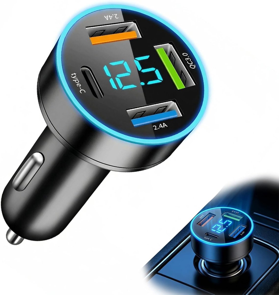 Auto Lader - Zwart - Compacte 4 Poorten USB Adapter met LED-indicator - Voor Telefoons en Tablets