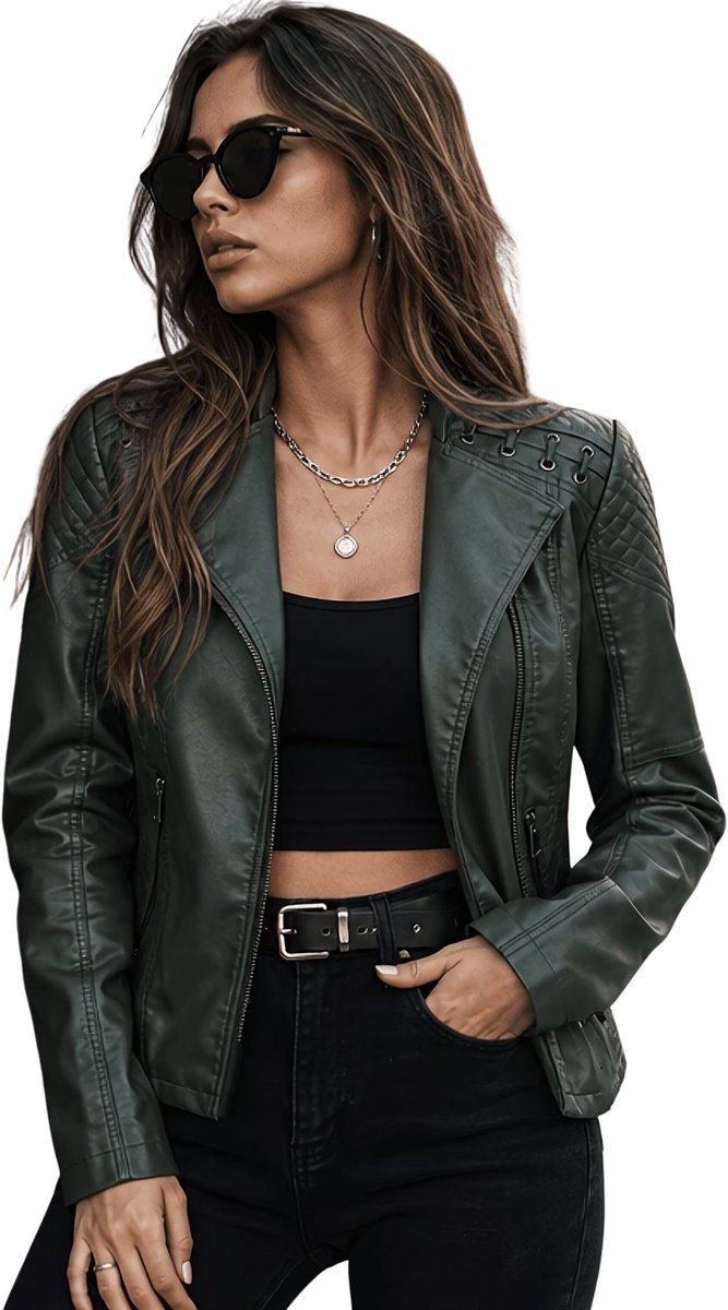 Currero Kunst Leren Jas Leather Jacket Lederen Jas Bomberjack Pilotenjack Blazer Biker Motorjas Motormuis Dames Donkergroen