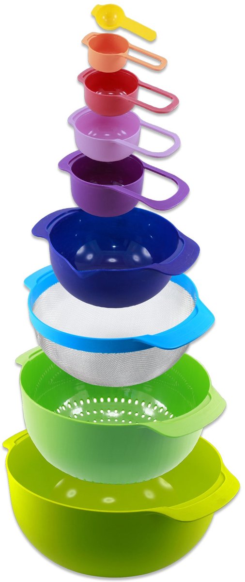 Mengkommen Set – 9-delige Keukenkommen Set met Vergiet, Zeef en Maatbekers – Stapelbare – Multicolor