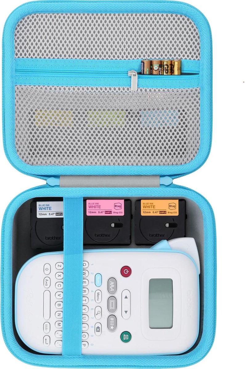 Draagbare Organizer voor Handheld Labelmaker met Opbergruimte voor Labeltapes en Accessoires (Witte Tas met Blauwe Rits)
