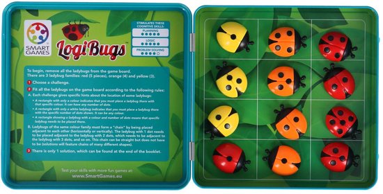 Boîte de jeu magnétique avec 12 coccinelles rouges, jaunes et oranges. Règles et défis imprimés sur la boîte.