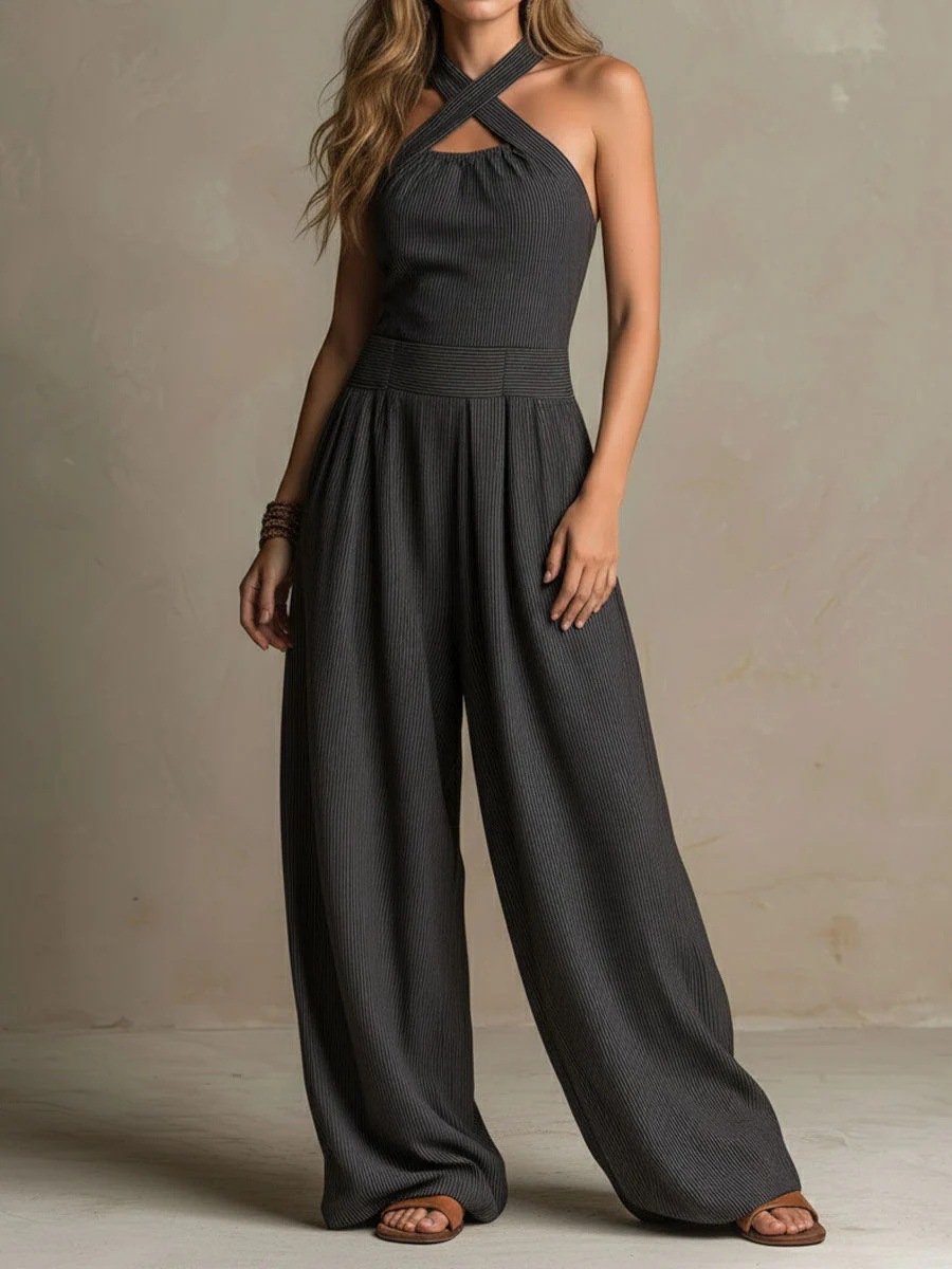 Jumpsuit met gekruiste halslijn en uitsparing, gebreide, soepelvallende, losvallende jumpsuit met wijde pijpen voor dames, casual lange jumpsuit voor op vakantie - maat L