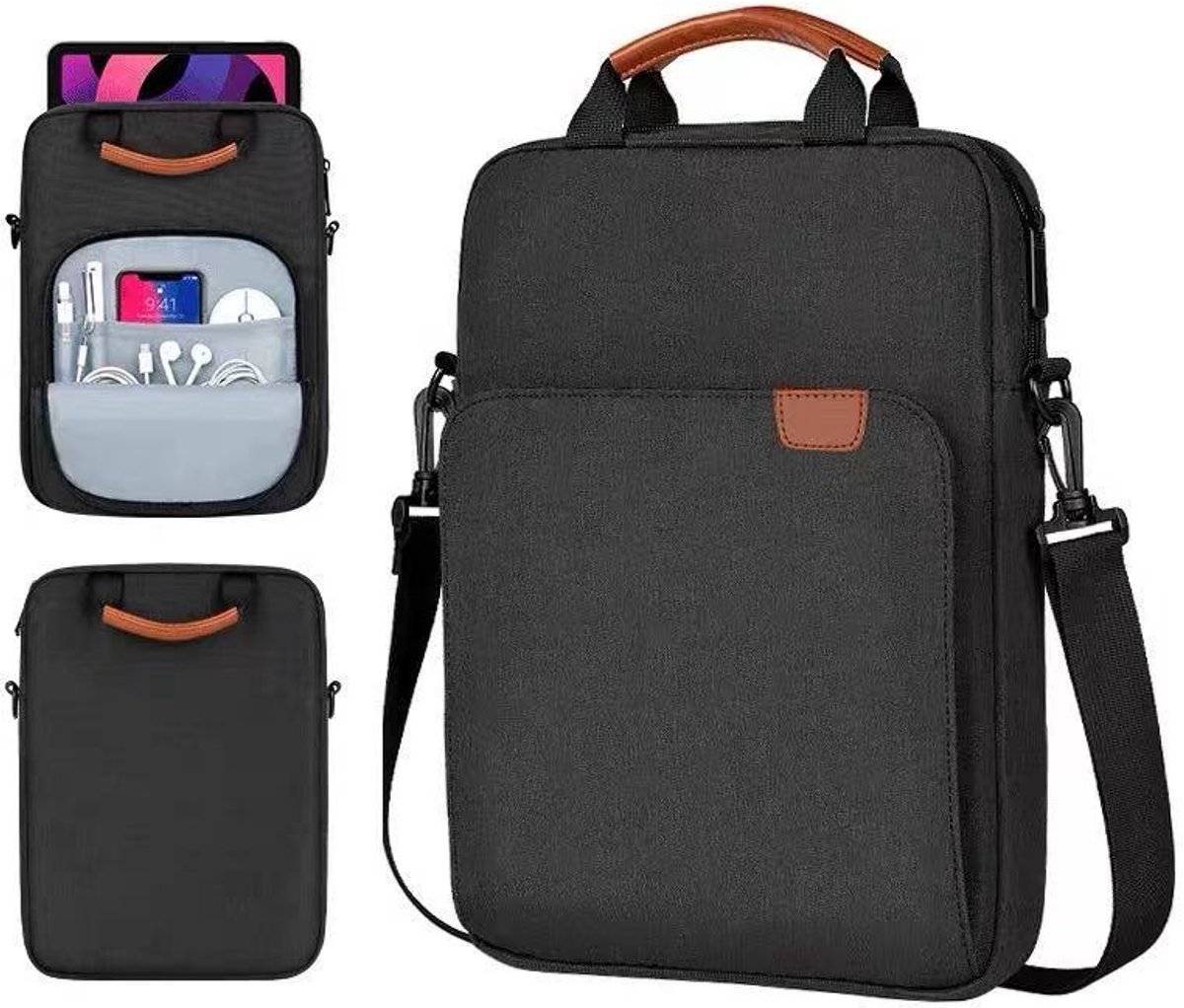 Schoudertas voor tablets – Beschermende tablethoes – Crossbody-reistas – Laptophoes – Geschikt voor apparaten van 8–11,5 inch – Gevoerd – Zwart