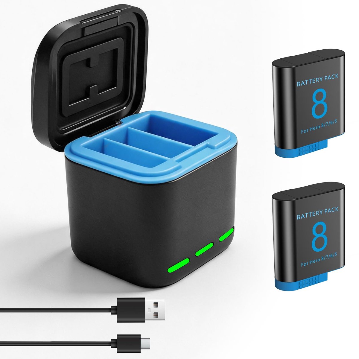 Accu set voor GoPro Hero 8 - 2 stuks + 3-poort oplader - compatibel met Hero 7/6/5/2018 - ononderbroken opname - ShopVlot