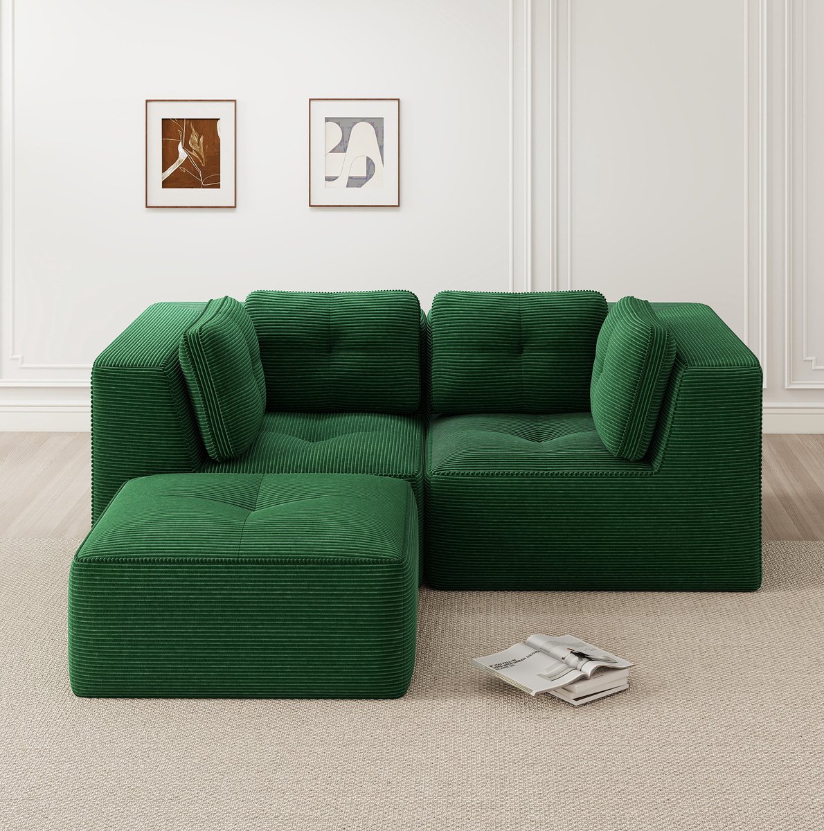 MODENUIT Hoekbank 208 x 177 x 69 cm - Modulair L-Vormig - 2-Zits - Voor Woonkamer - Corduroy Groen