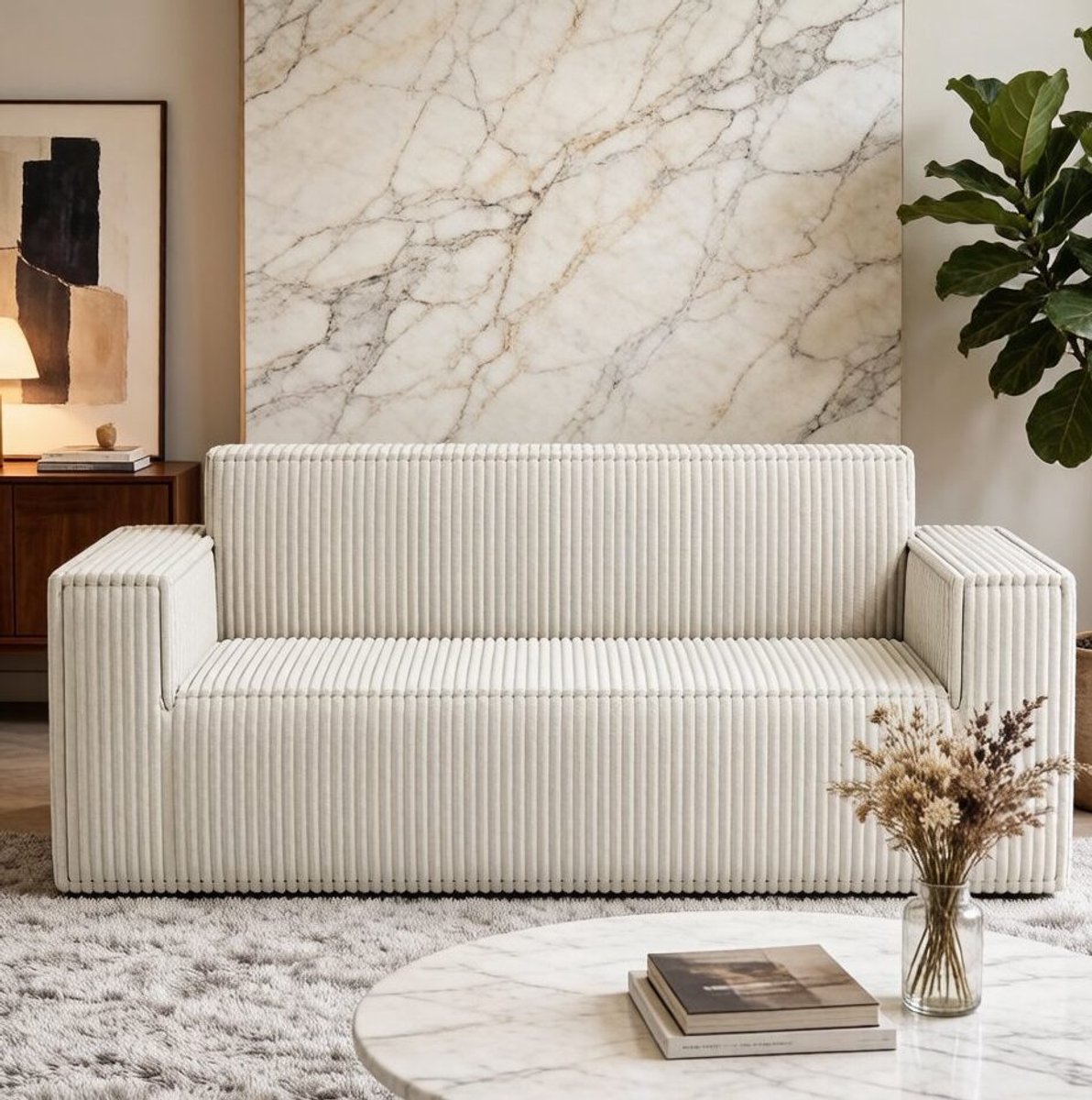 DESMIU Bank - 2-Zits - Comfortabel Met Diepe Zit En Zachte Armleuningen - Voor Woonkamer, Slaapkamer En Kantoor - Corduroy - Off White gebroken wit