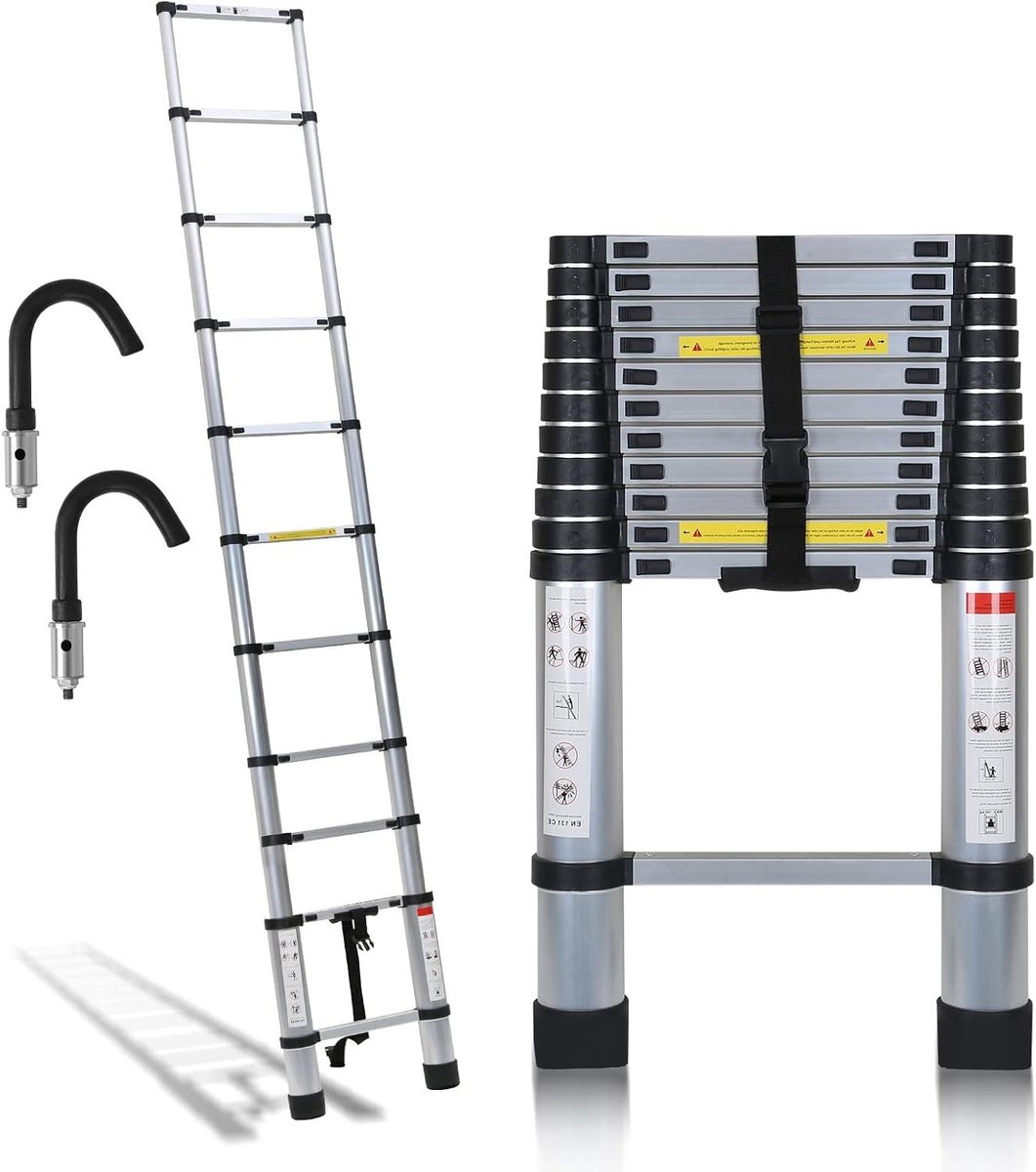 Telescoopladder - Uitschuifbare ladder - Klussen en onderhoud - Met afneembare haken - 26 meter - Zilver