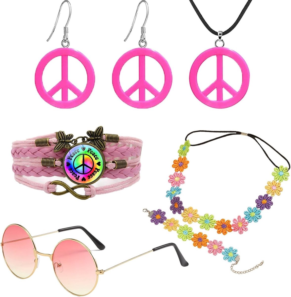 Hippie Kostuum Set met 6 Stukken - 70s Accessoires, Roze Zonnebril, Vredesteken Ketting, Oorbellen en Armbanden voor Bohemian Feest en Halloween Thema Party