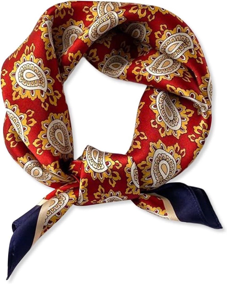 Zijde Sjaal voor Dames - Vierkante Multifunctionele Sjaal met Kleurblok en Geometrisch Streep Patroon - Ideaal als Neckerchief of Bandana in Rood/Paisley