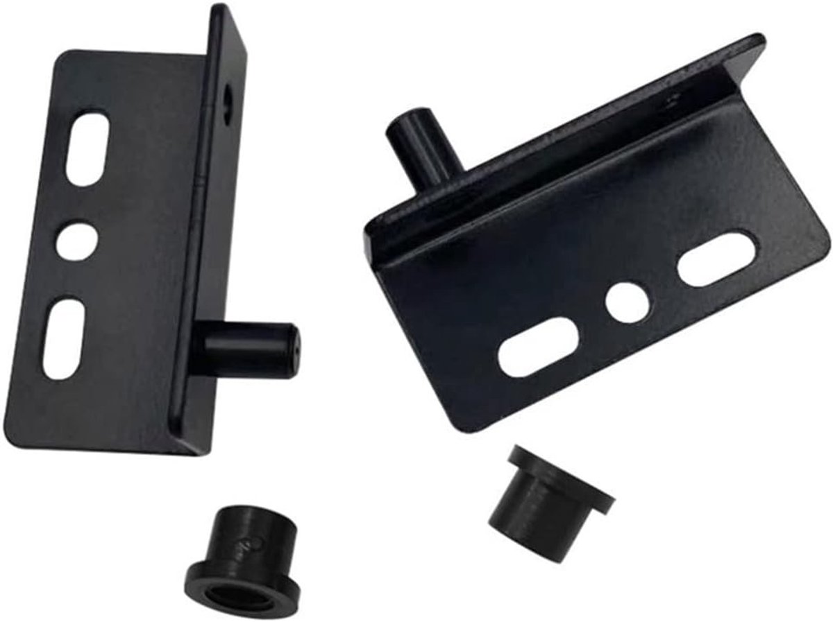 Zwarte 4-delige deurhengsels met bushings, draaibare hoekscharnieren met schroeven en plastic doppen voor optimale bevestiging en duurzaamheid