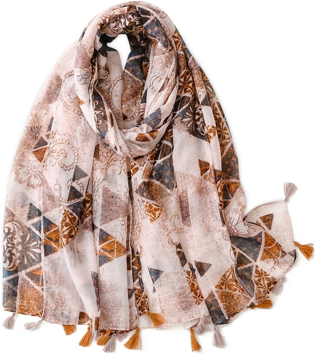 Elegante Voile Sjaal voor Dames met Bloemenprint en Geometrische Patronen - Lichtgewicht en Zacht met Franje, Donkerbruin