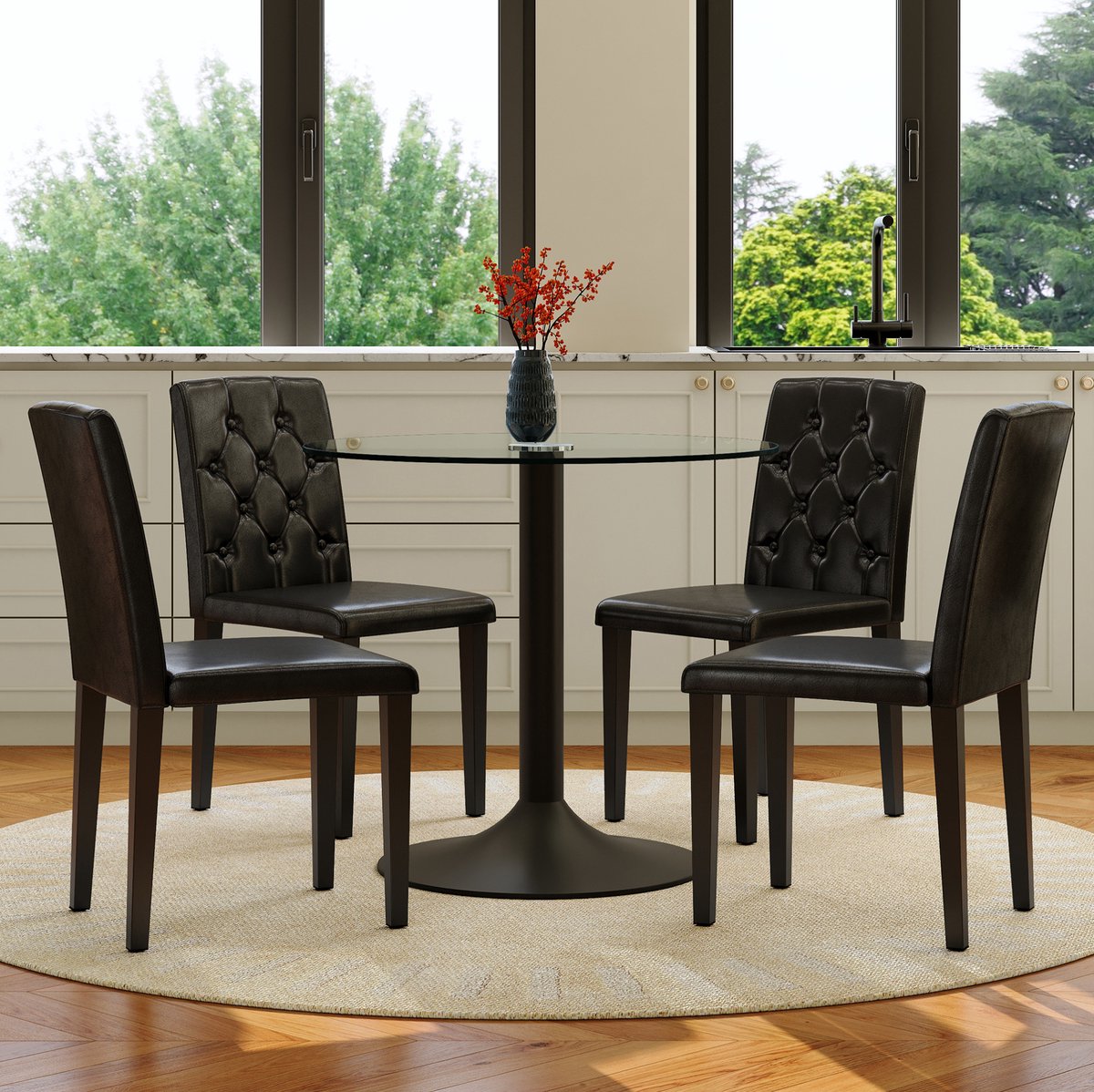 Wishdor Set tafel en stoelen - Modern minimalistisch ontwerp - Rond glazen tafelblad - 4 PU stoelen - Zwart en transparant - 85 cm voor eetkamer en bar