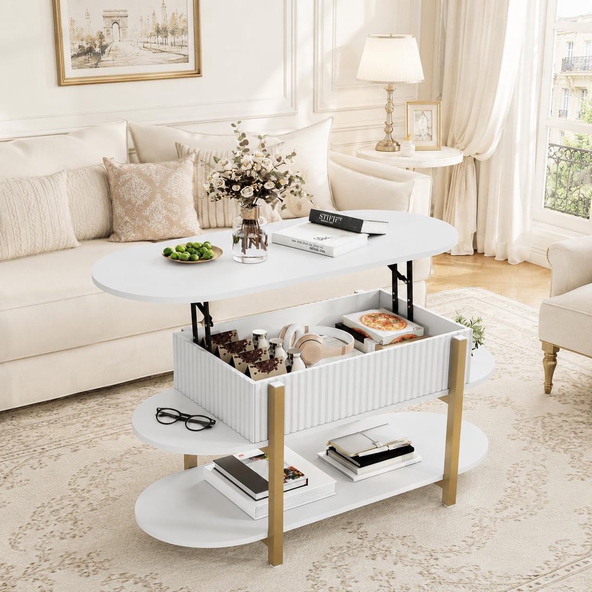 Salontafel met heffunctie en opbergruimte - modern ovaal (wit)