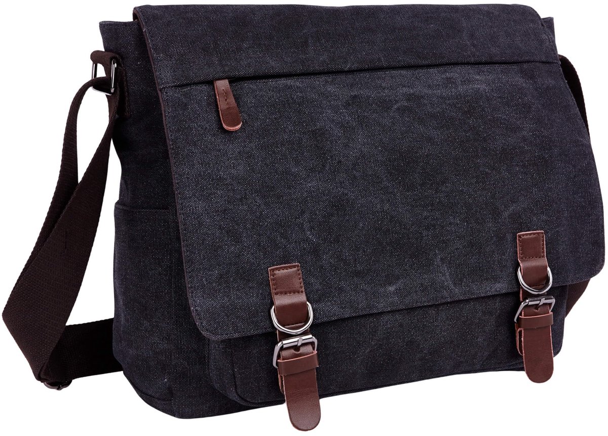 Schoudertas 15,6 inch - Canvas zwart - Met magnetische gesp - Ideaal voor werk en school - ShopVlot