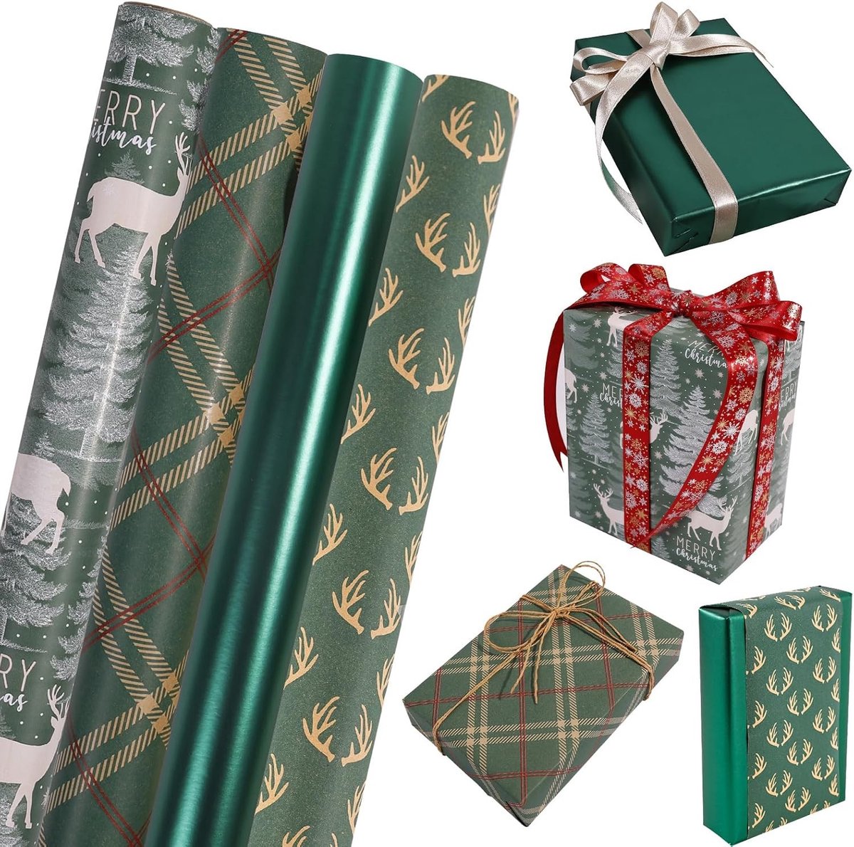 Cadeaupapier rol 43 x 300 cm in metallic groen met rendierdesign voor Kerst, bruiloft en feestelijke gelegenheden