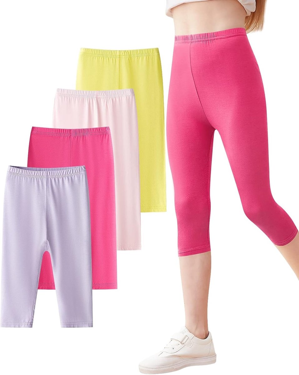 Meisjes Capri Leggings - Cropped Broeken in Effen Kleur, Set van 4 voor Comfort en Stijl
