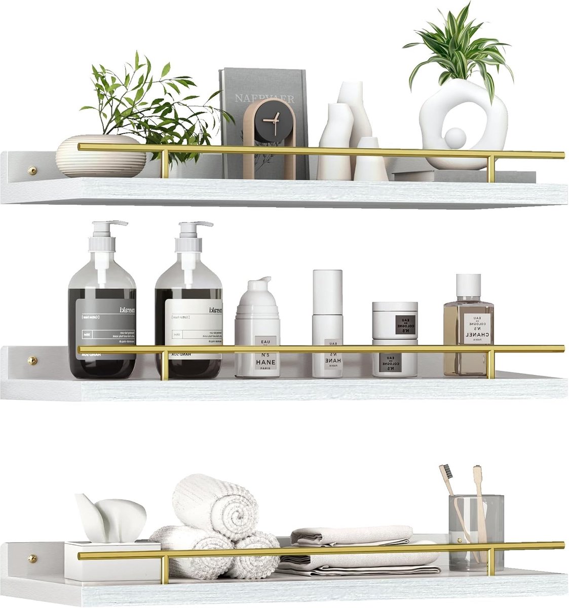 Drijvende Wandplanken Set van 3 - Houten Planken voor Foto's, Kruidensets en Decoratie in Badkamer, Woonkamer en Keuken