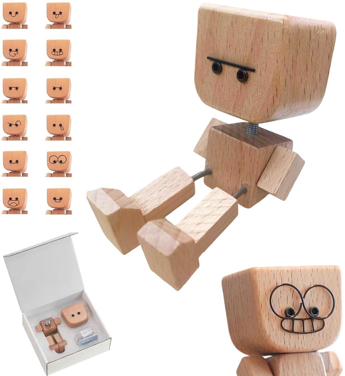 Houten manbeeldje schuddend - charmant figuur met magnetische uitdrukkingen - handgemaakt voor dashboarddecoratie - ShopVlot