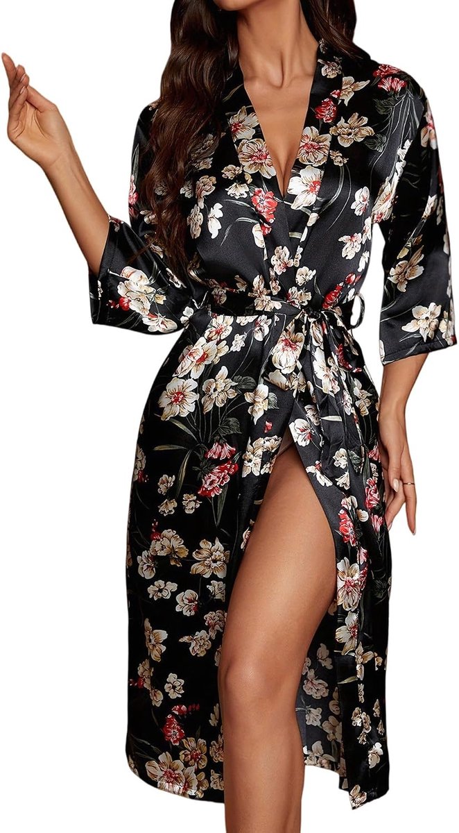 Women's Satin Dressing Gown Long Kimono Floral Light Bathrobe Soft Thin Luxury Home Coat - ShopVlot