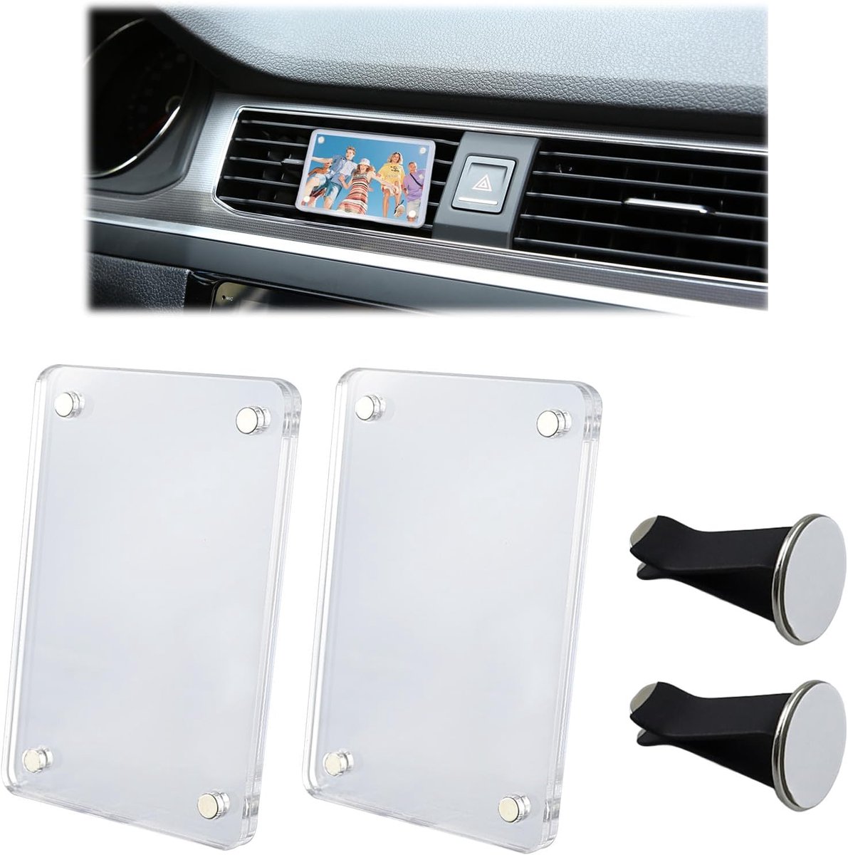 Autofotolijsten set van 2 - Magnetisch acryl frame 6x9 cm - Inclusief klemhouder - Gepersonaliseerde autodecoratie - ShopVlot