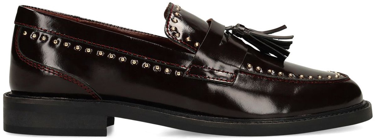 Manfield - Dames - Burgundy leren loafers met gouden studs - Maat 38