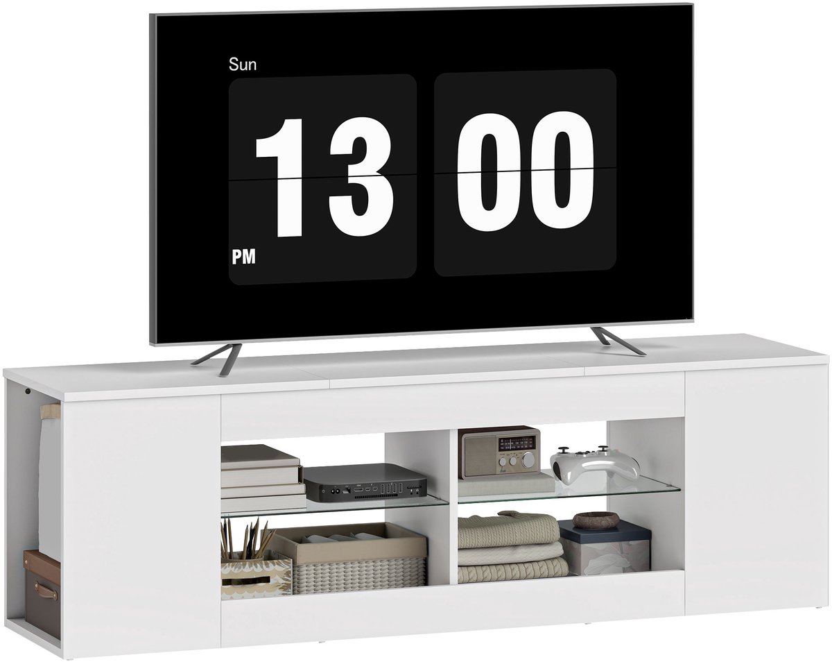 Homcom TV-meubel voor tv tot 65 Inch - Tv Kast met Glazen Planken - Mediameubel met Vakken - Wit