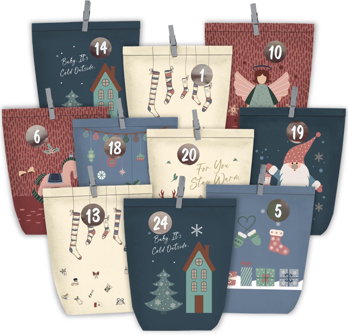 Adventskalender om te vullen - 24 papieren zakjes - knutselmateriaal voor kinderen en volwassenen - ShopVlot