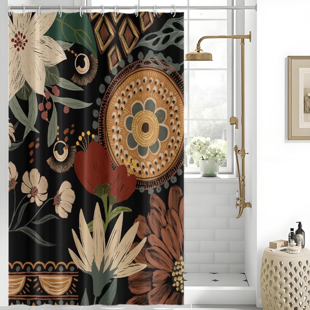 Douchegordijn 150 x 180 cm - boho-stijl bloemen - waterdicht polyester - anti-schimmel en ondoorzichtig - ShopVlot