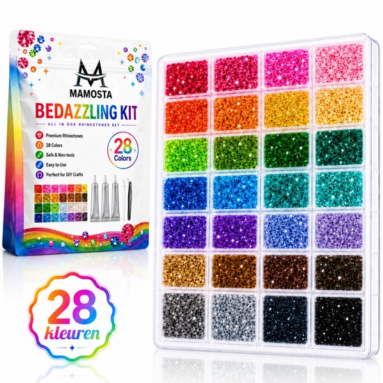 Mamosta Bedazzling Kit : 28 couleurs de strass premium, sûr et non-toxique, facile à utiliser, parfait pour le DIY. Le tout dans un set complet.