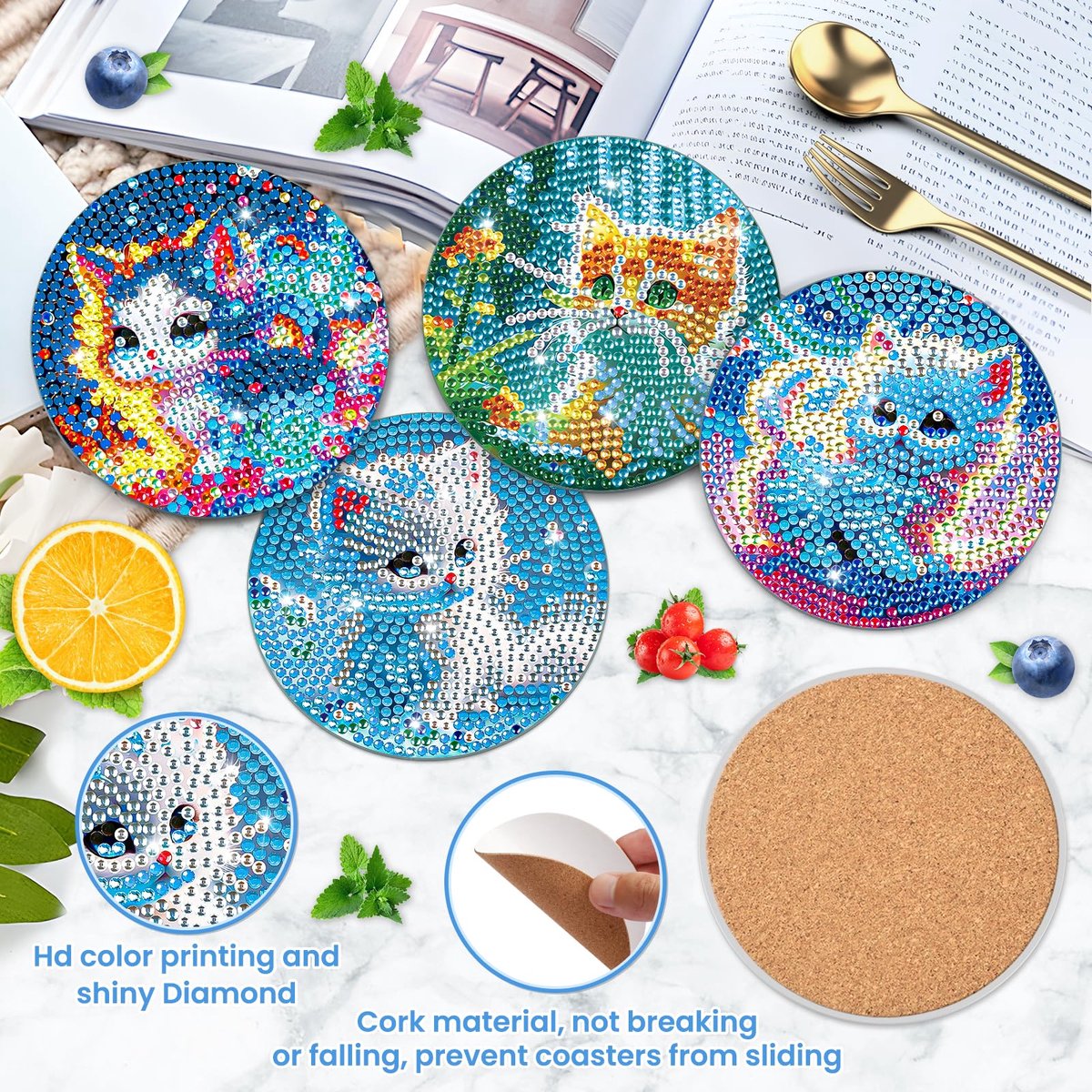 Onderzetters voor kattendiamantschilderen - set van 6 met houder - kurk - perfect voor creatieve drankjes - ShopVlot