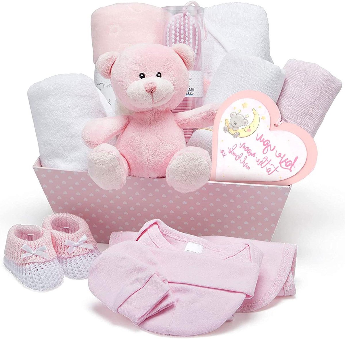 Roze cadeaumand - Babyshower geschenk - Kraamcadeau geven - Compleet samengesteld - 30 x 23 x 28.5 cm - Roze