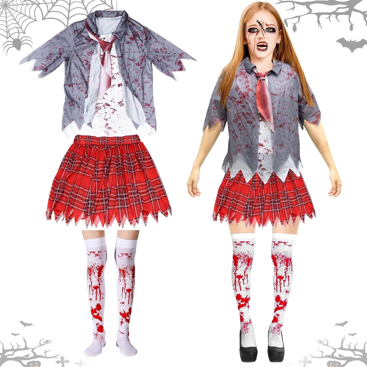 Griezelige Zombie Schoolmeisje Kostuum voor Vrouwen met Grijze Jas, Geruite Rok, Stropdas en Sokken voor Halloween en Themapartijen