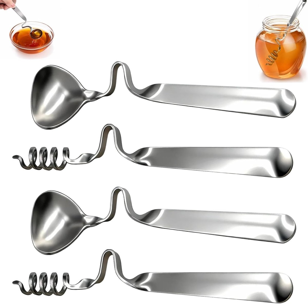 Set van 4 roestvrijstalen honinglepels - Hoge kwaliteit, praktische lepelset voor jam, yoghurt en desserts met hangfunctie