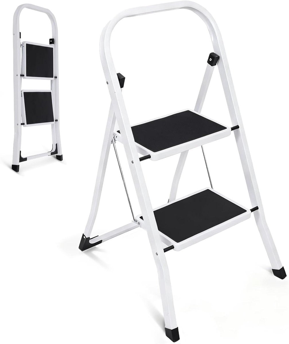Trapladder 2 Treden - Vouwtrap Huishouden - Veilig Klussen - SGS Gecertificeerd - Belastbaar 150kg - Zwart Wit