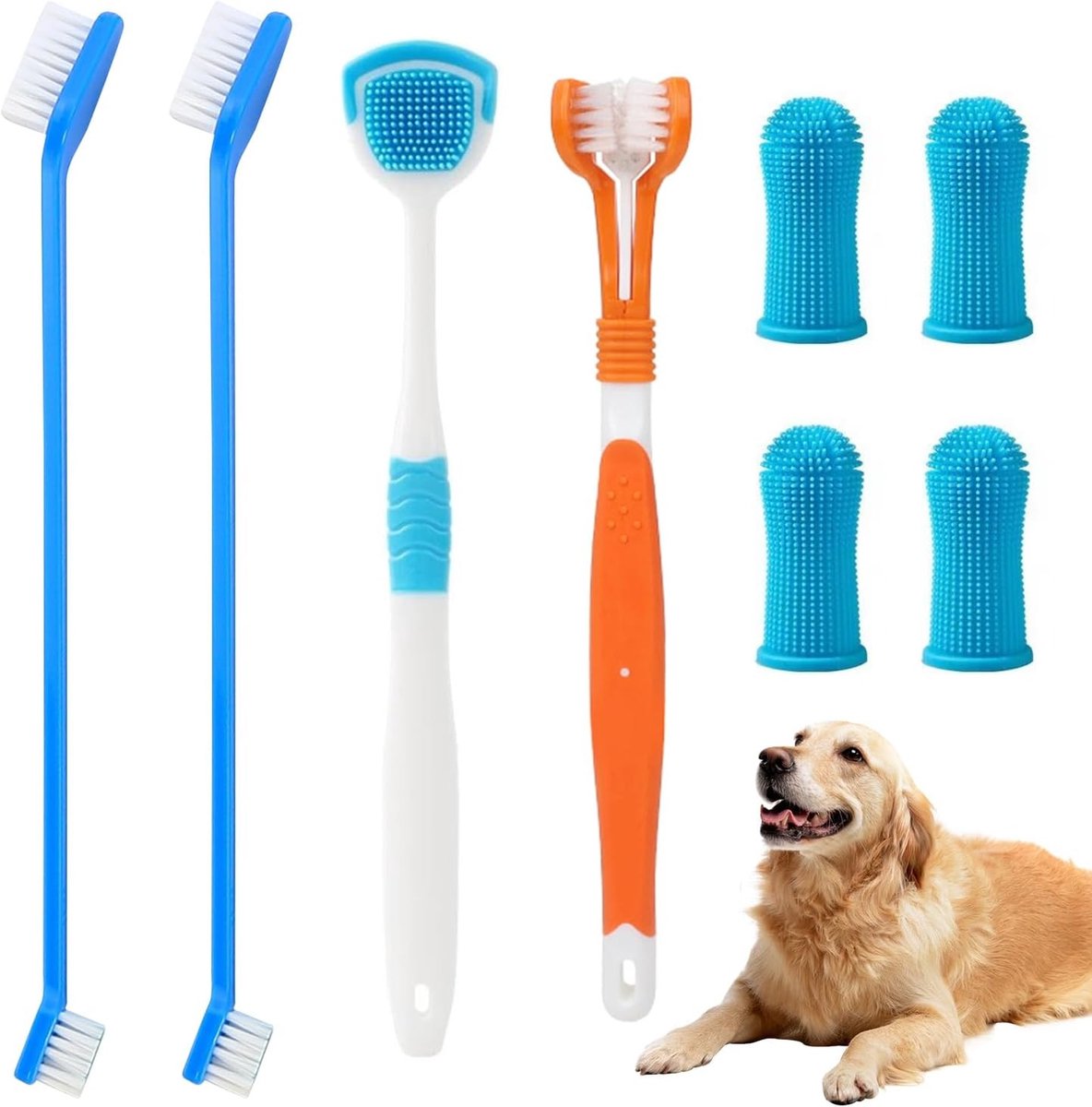 Complete Set van 8 Dentaire Tandenborstels voor Honden, 360 Graden Siliconen Vingerborstels en Dubbel Hoofd Tandenborstels voor Puppy Mondverzorging en Tandreiniging