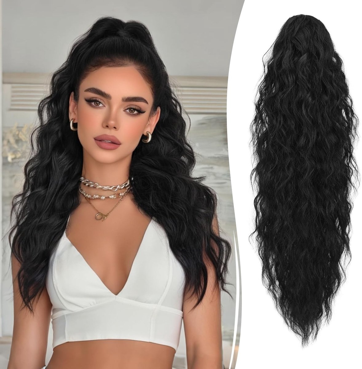 Langgolvend Krullend Haarstuk met Klem - 65 cm Synthetische Haarverlenging voor Vrouwen, Perfect voor Een Staart of Vlecht, Zwart