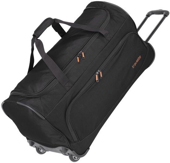 Zwarte reistas met wielen en handvatten van Travelite. Met oranje ritsen en logo.