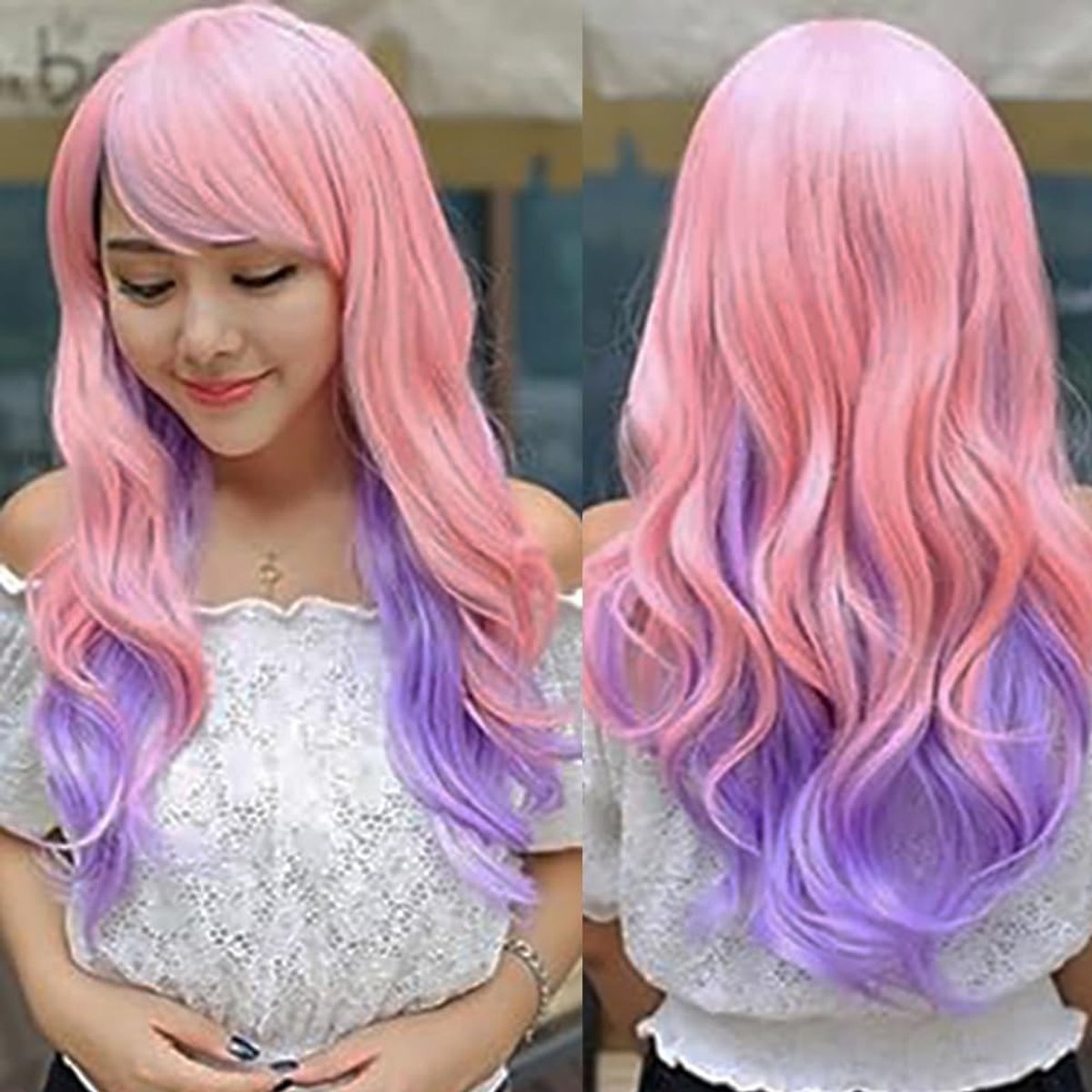 Langgolvende Natuurlijke Cosplay Peruk met Pony voor Halloween en Feestjes - Kleur: Roze Paars, Perfect voor Kostuums en Verkleedpartijen
