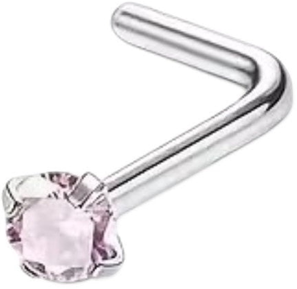 Stalen neuspiercing ronde zirkonia 2mm - L-staafje - Roze piercing