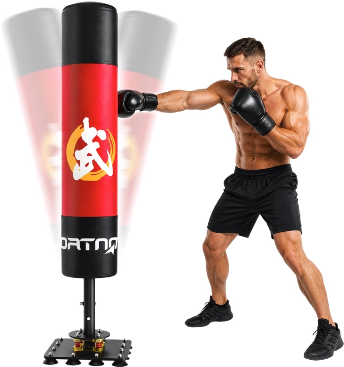 Boksstootzak - Vrijstaande stootzak - Bokszak - Fitnessapparatuur - 12 zuignappen voor schokabsorptie - 36x36x156cm - Geschikt voor dagelijkse training - Zwart