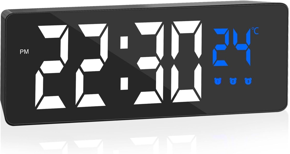 Digitale wekker, groot scherm met temperatuurweergave, nachtkastje wekker, USB-voeding, wekker met 3 snooze-standen, 12/24-uurs tijdweergave, automatische helderheid 's nachts.