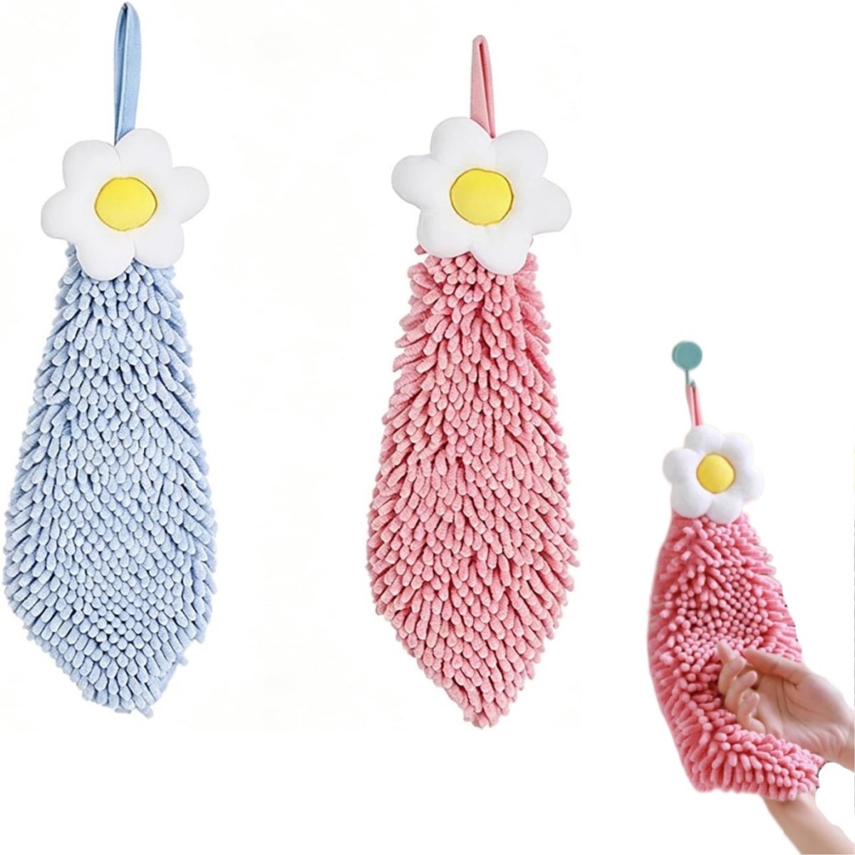 2-delige set - Handdoek - Chenille handdoek - Hangdoek - Extra dikke zakdoek - Badhanddoek - Keukenhanddoek - Leuk handdroogdoekje - Pluisvrij - Met ophangring - Blauw en roze - 20 x 24 cm - Geschikt voor keuken, badkamer en wastafel