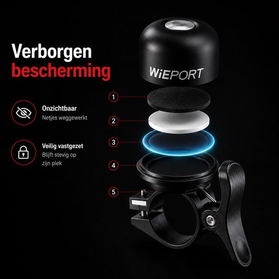 Exploded view van een zwarte fietsbel met zilveren knop, die de "Verborgen bescherming" toont.