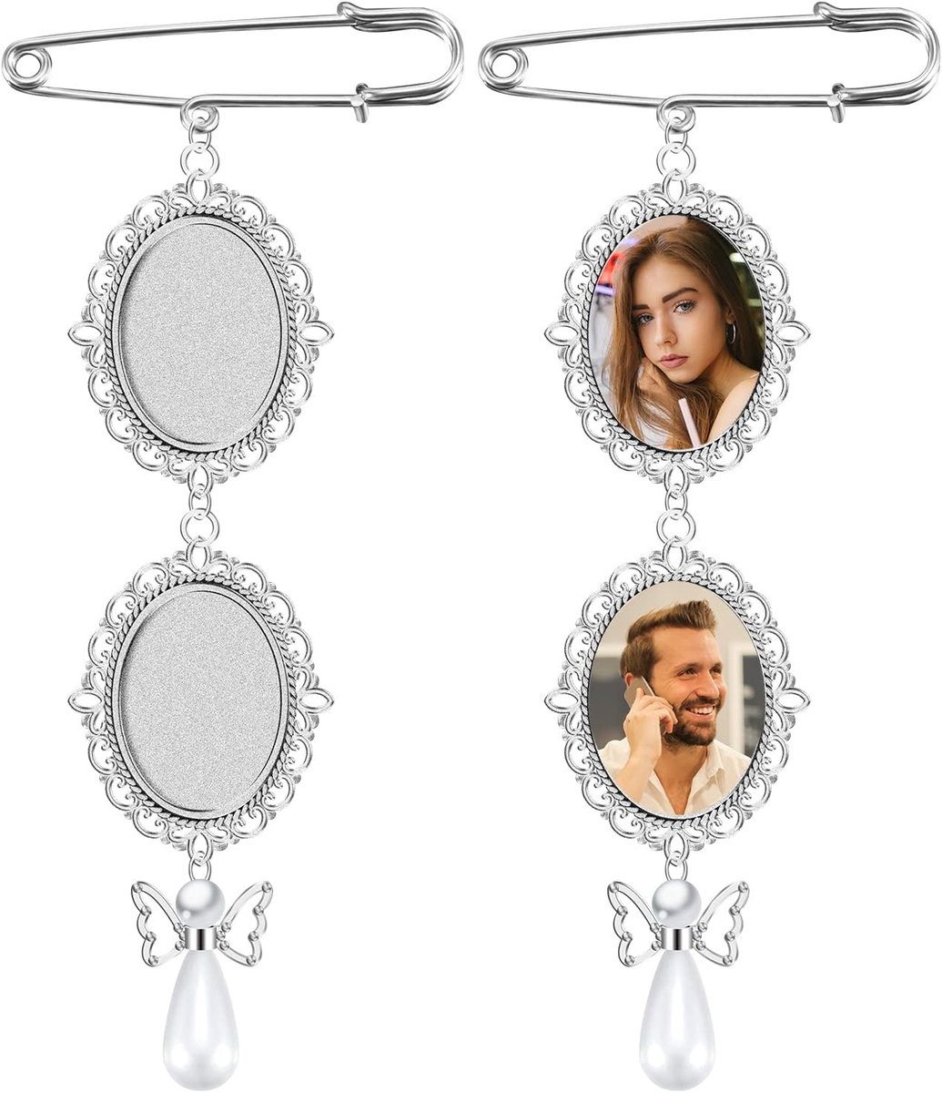 2 Stuks Foto Charm voor Boeket met 4 Ovalen Glazen Cabochons, Klassiek Design voor DIY Fotolijsten en Ambachten met Kantdecoratie, Inclusief Parelen Vlinderhanger, Metaal en Legering